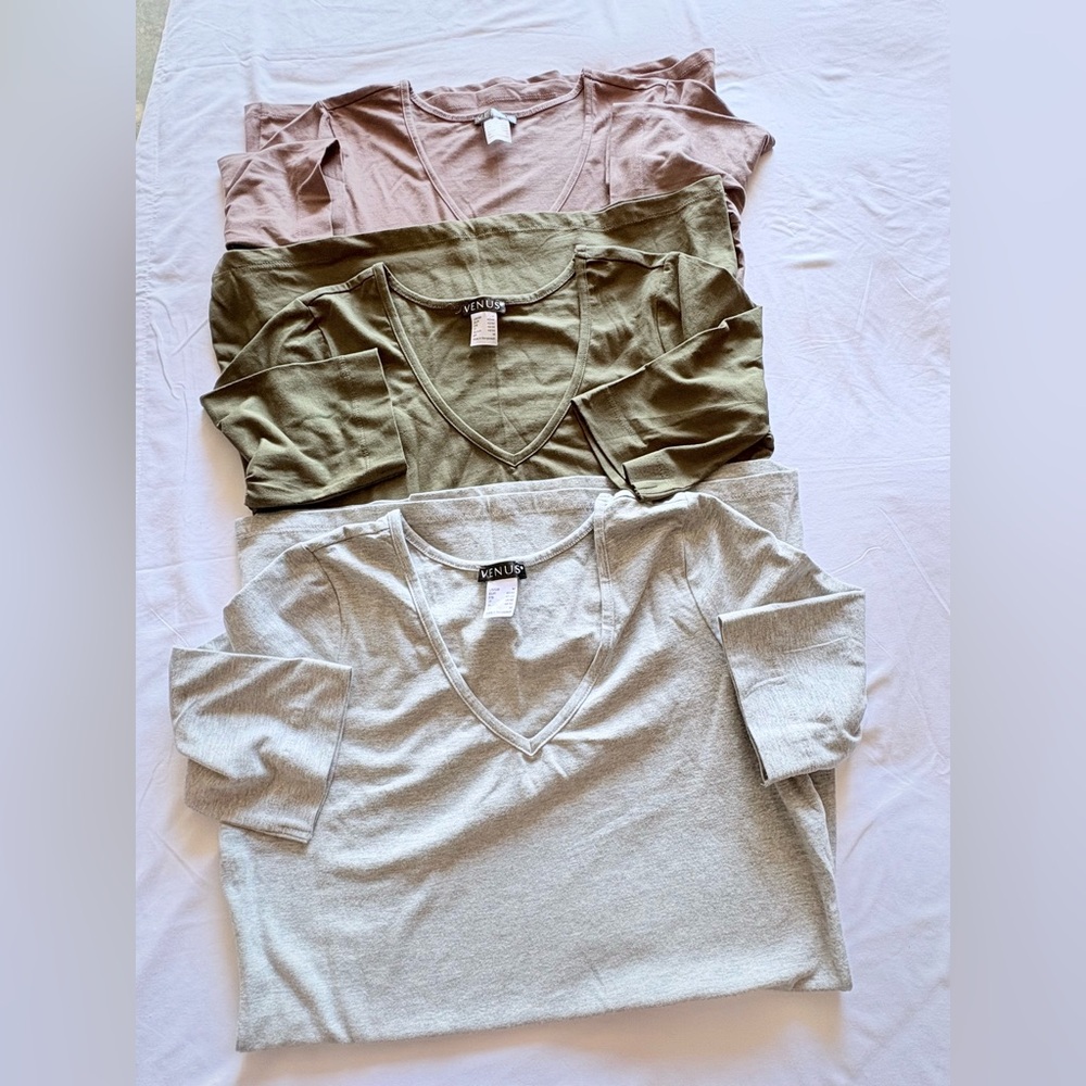 bundle of 3 VENUS Long Sleeve V-Neck Tops - Gray, Olive, Pink - Picture 3 of 8